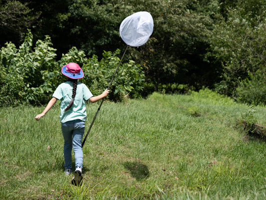 虫捕り網を楽しそうに持つ女の子